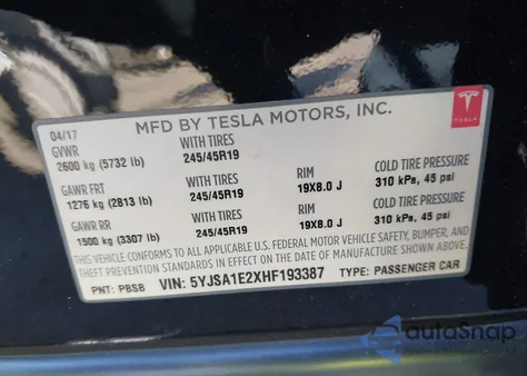 2017 Tesla Model S 100D/60D/75D/90D/P100D из США, поврежденный, VIN 5YJSA1E2XHF193387